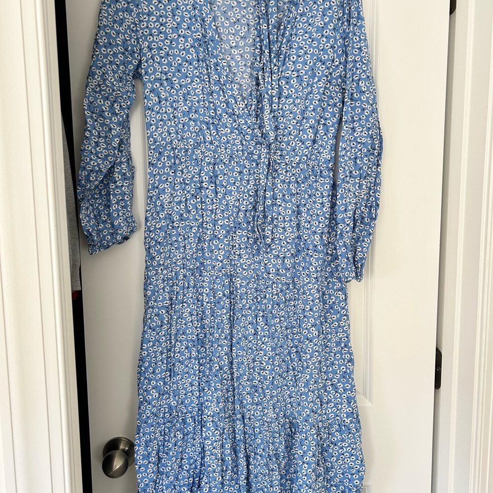 Blue and White Ruffled Wrap Sundress with Bishop Sleeves